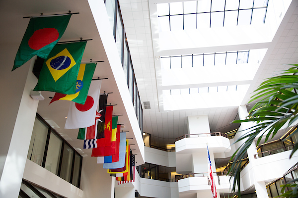 Image of flags hanging over ICC Atrium
